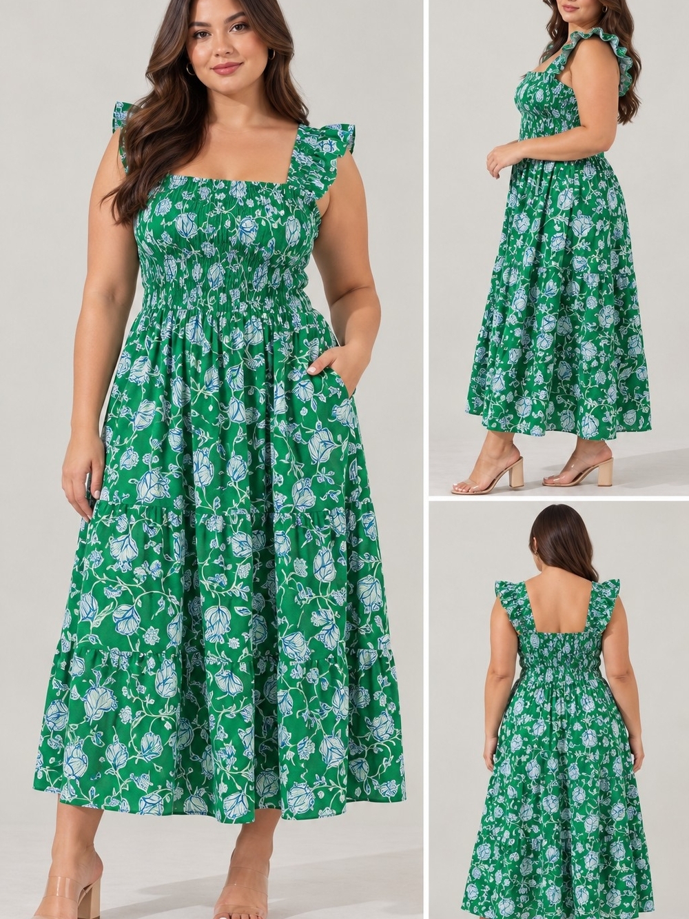 Sugarlips Green Floral Maxi Dress with Smocked Bodice